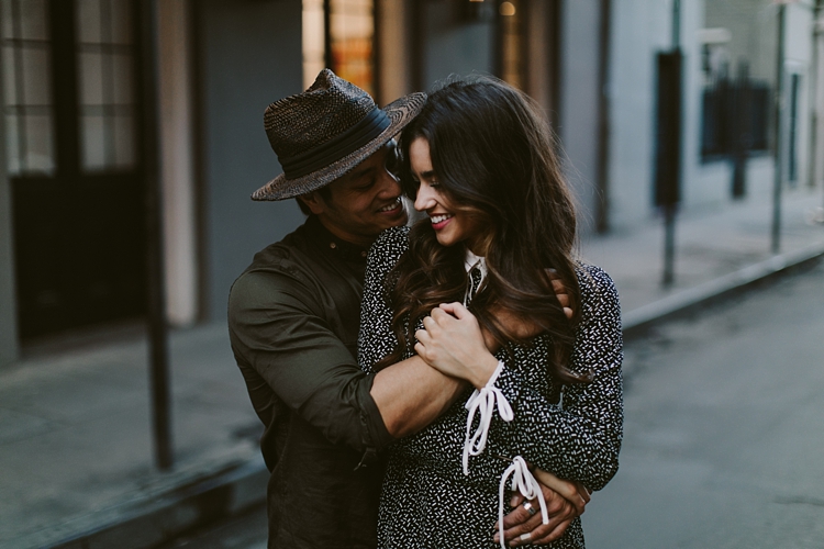 Couple hugging in the french quarter in New Orleans